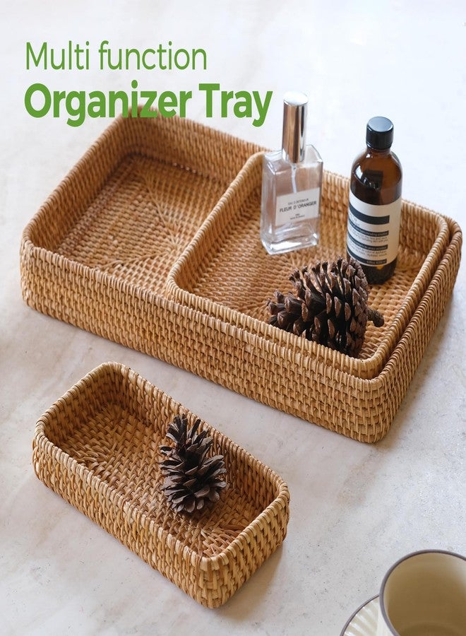 S310 Rattan Serving Tray, Rectangle Basket Set of 3, Wicker Storage and Organizing Baskets, Natural Decorative Woven Tray for Home Decor, Bathroom, Kitchen Counter - Image 2